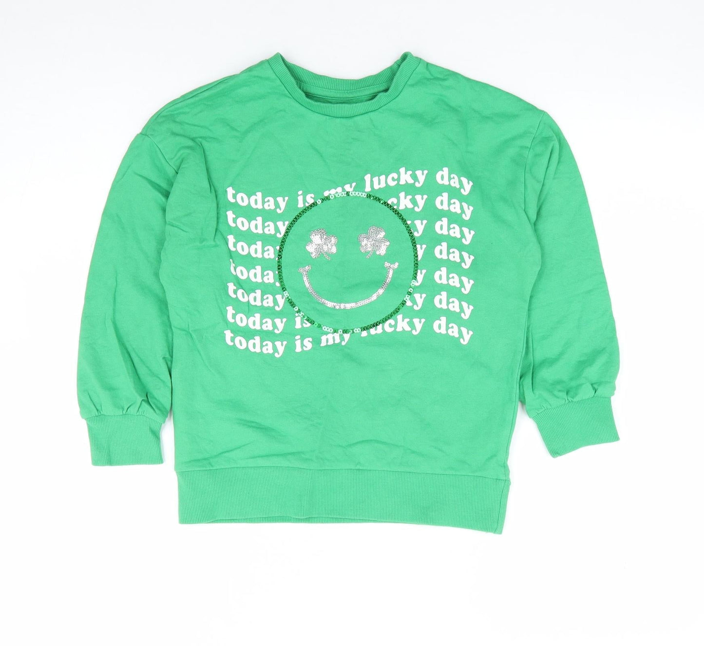 Dunnes Girls Green 100% Cotton Pullover Sweatshirt Size 8-9 Years Pullover - Lucky Day