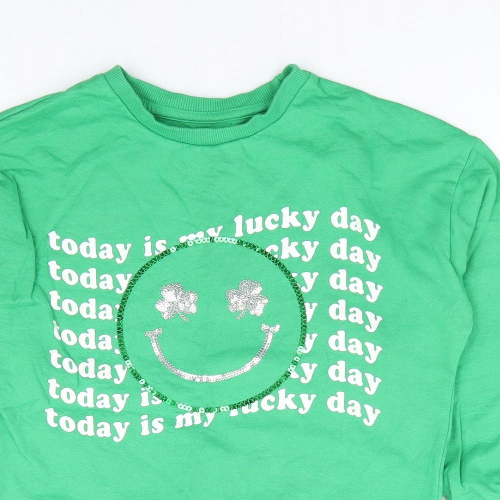 Dunnes Girls Green 100% Cotton Pullover Sweatshirt Size 8-9 Years Pullover - Lucky Day