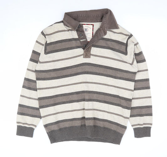 Marks and Spencer Mens Brown Collared Striped Cotton Henley Jumper Size S