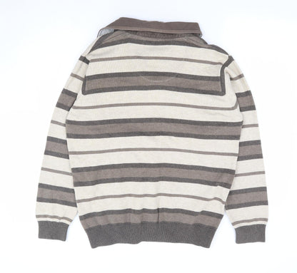 Marks and Spencer Mens Brown Collared Striped Cotton Henley Jumper Size S
