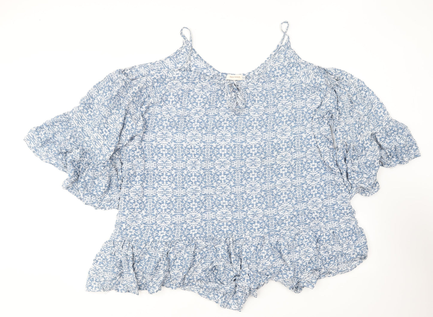 Mels Beach Womens Blue Floral Polyester Basic Blouse One Size Round Neck