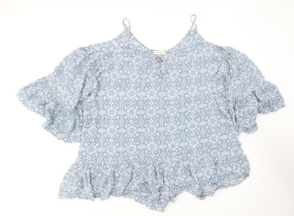 Mels Beach Womens Blue Floral Polyester Basic Blouse One Size Round Neck