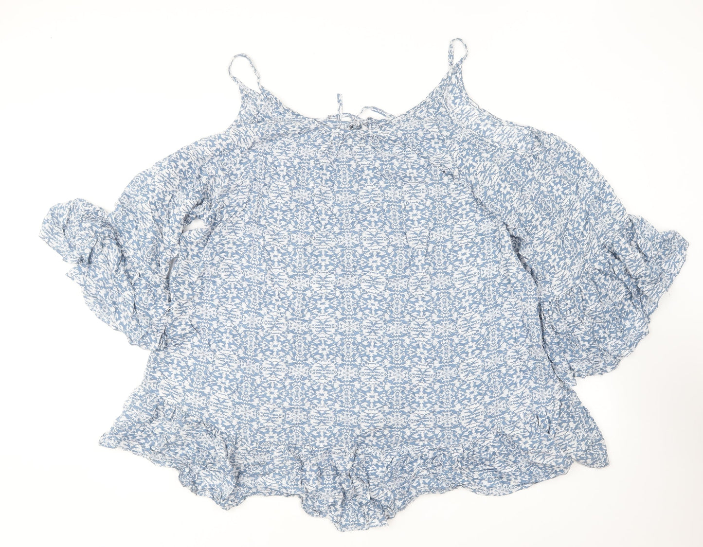 Mels Beach Womens Blue Floral Polyester Basic Blouse One Size Round Neck