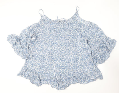 Mels Beach Womens Blue Floral Polyester Basic Blouse One Size Round Neck