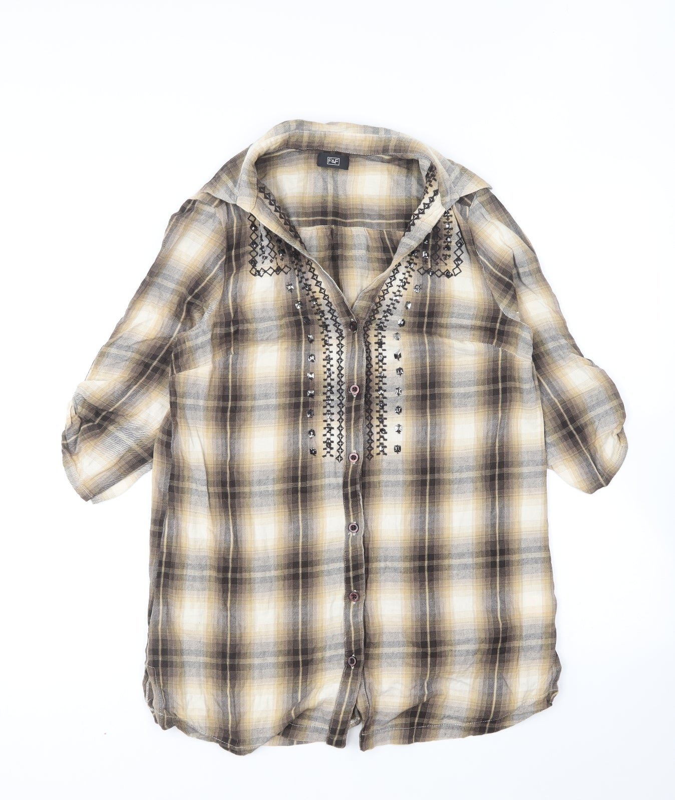 F&F Womens Brown Plaid Cotton Basic Button-Up Size 12 Collared