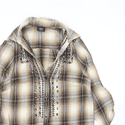 F&F Womens Brown Plaid Cotton Basic Button-Up Size 12 Collared