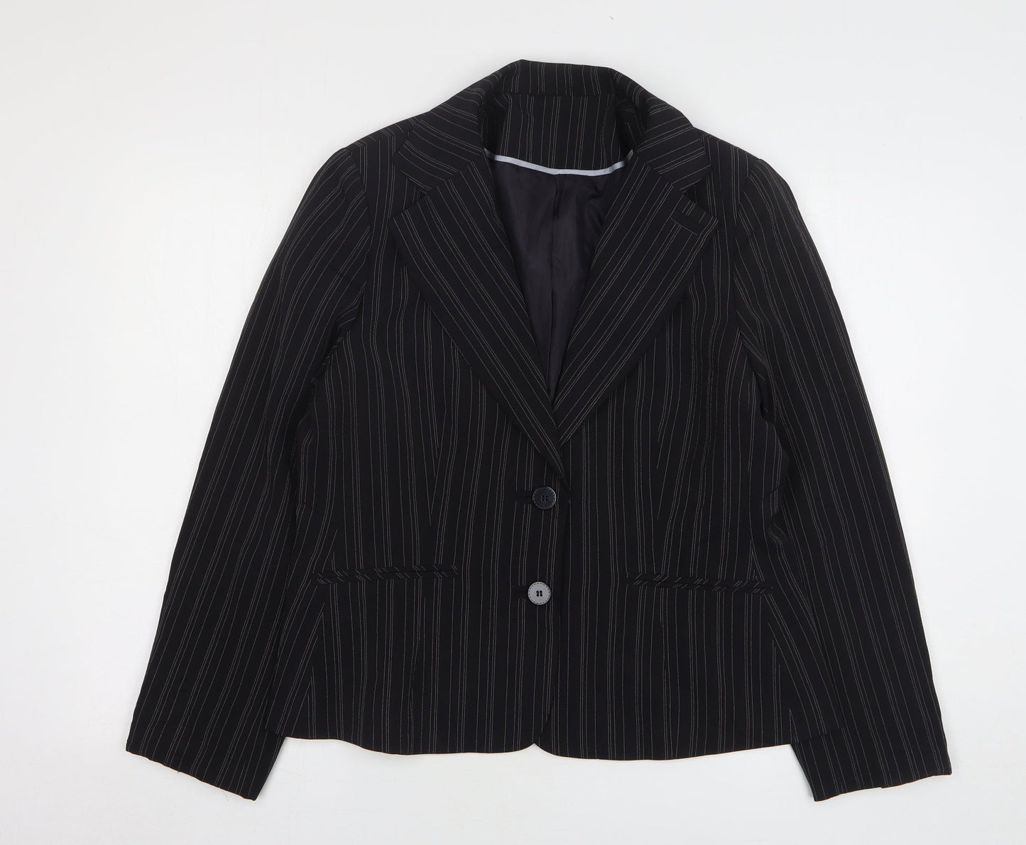 Select Womens Black Striped Polyester Jacket Blazer Size 16