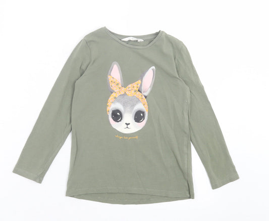 H&M Girls Green Cotton Basic Casual Size 4-5 Years Crew Neck Pullover - Rabbit