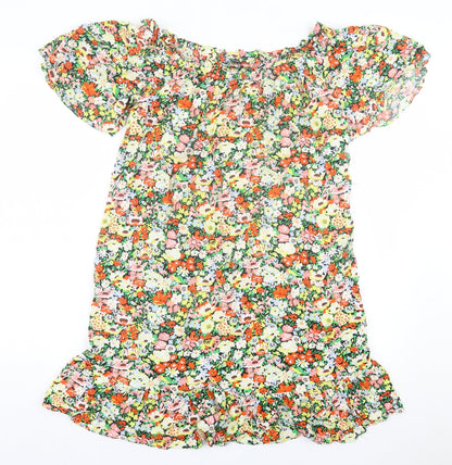George Womens Multicoloured Floral Viscose A-Line Size 12 Boat Neck Pullover - Frill Sleeve & Hem