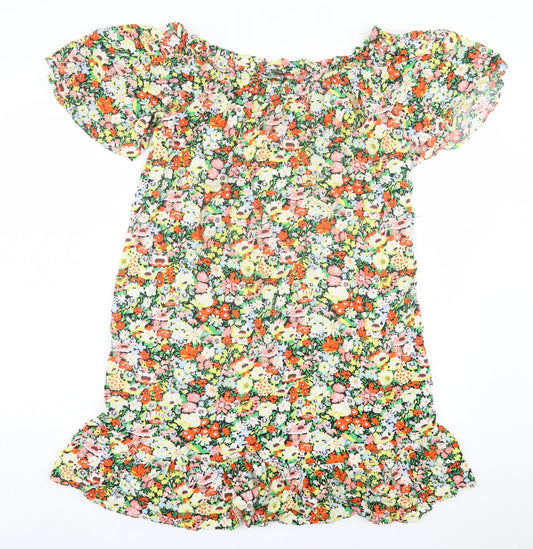 George Womens Multicoloured Floral Viscose A-Line Size 12 Boat Neck Pullover - Frill Sleeve & Hem
