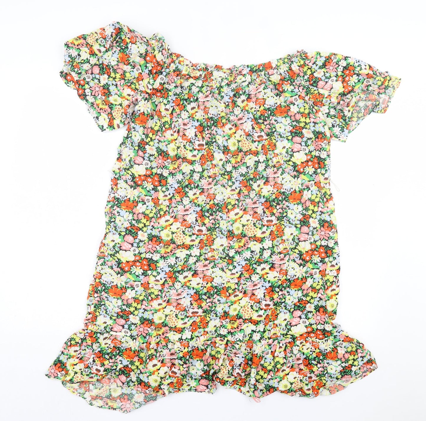 George Womens Multicoloured Floral Viscose A-Line Size 12 Boat Neck Pullover - Frill Sleeve & Hem