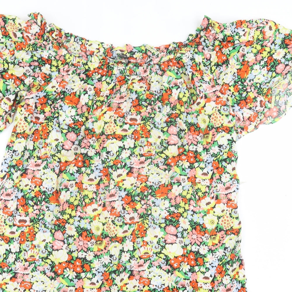 George Womens Multicoloured Floral Viscose A-Line Size 12 Boat Neck Pullover - Frill Sleeve & Hem