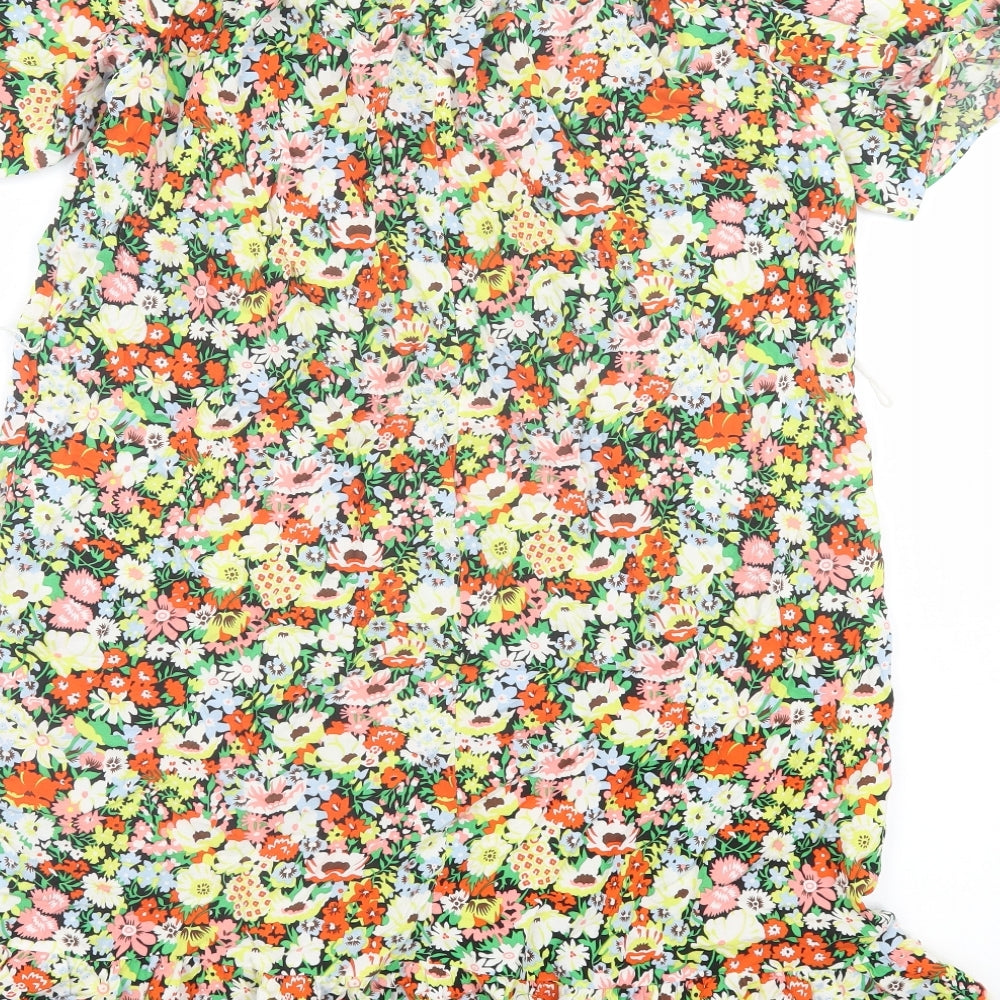 George Womens Multicoloured Floral Viscose A-Line Size 12 Boat Neck Pullover - Frill Sleeve & Hem