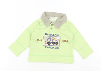 Ohm & Emmy Baby Green Cotton Basic Polo Size 3-6 Months Collared Button - Trucking