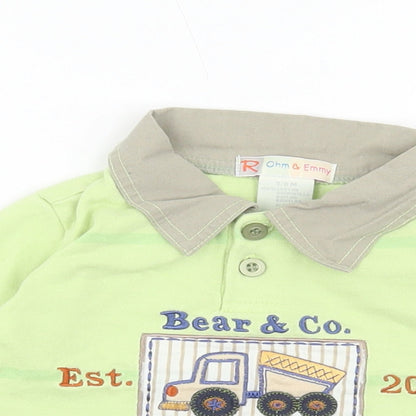 Ohm & Emmy Baby Green Cotton Basic Polo Size 3-6 Months Collared Button - Trucking