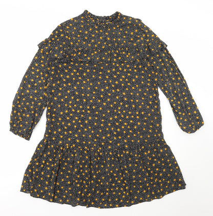 New Look Womens Black Polka Dot Viscose Shift Size 12 High Neck Button
