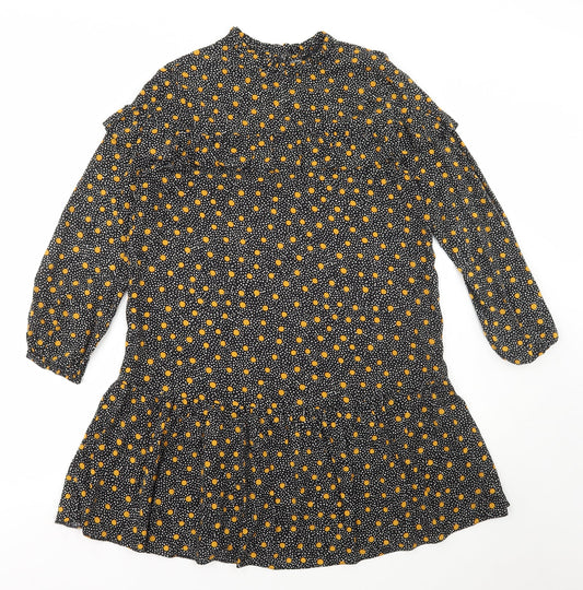 New Look Womens Black Polka Dot Viscose Shift Size 12 High Neck Button