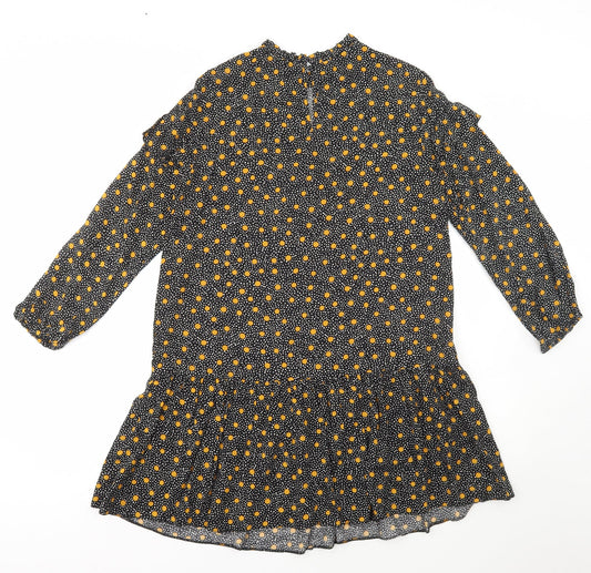 New Look Womens Black Polka Dot Viscose Shift Size 12 High Neck Button
