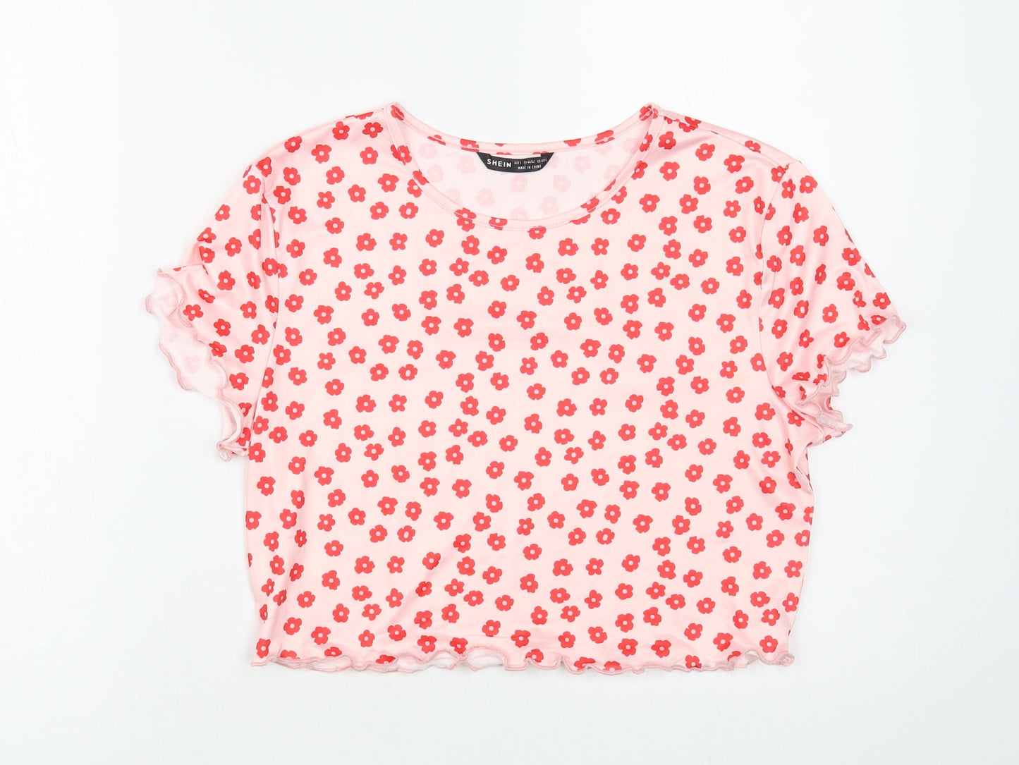 SheIn Womens Pink Floral Polyester Cropped Blouse Size L Crew Neck