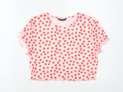 SheIn Womens Pink Floral Polyester Cropped Blouse Size L Crew Neck