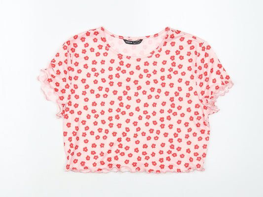 SheIn Womens Pink Floral Polyester Cropped Blouse Size L Crew Neck