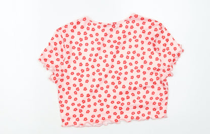 SheIn Womens Pink Floral Polyester Cropped Blouse Size L Crew Neck