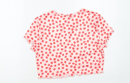 SheIn Womens Pink Floral Polyester Cropped Blouse Size L Crew Neck