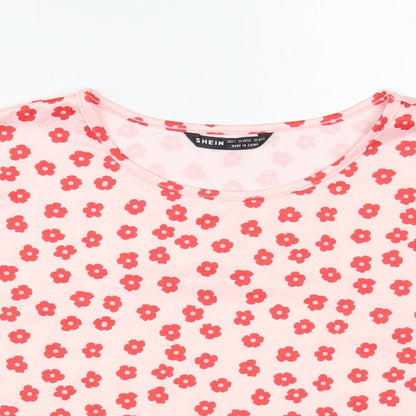 SheIn Womens Pink Floral Polyester Cropped Blouse Size L Crew Neck
