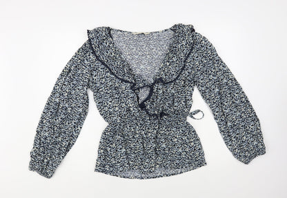 F&F Womens Blue Floral Viscose Wrap Blouse Size 10 Collared