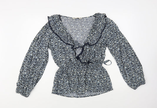 F&F Womens Blue Floral Viscose Wrap Blouse Size 10 Collared
