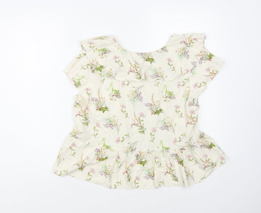 Primark Womens Ivory Floral Viscose Basic Button-Up Size 14 Collared