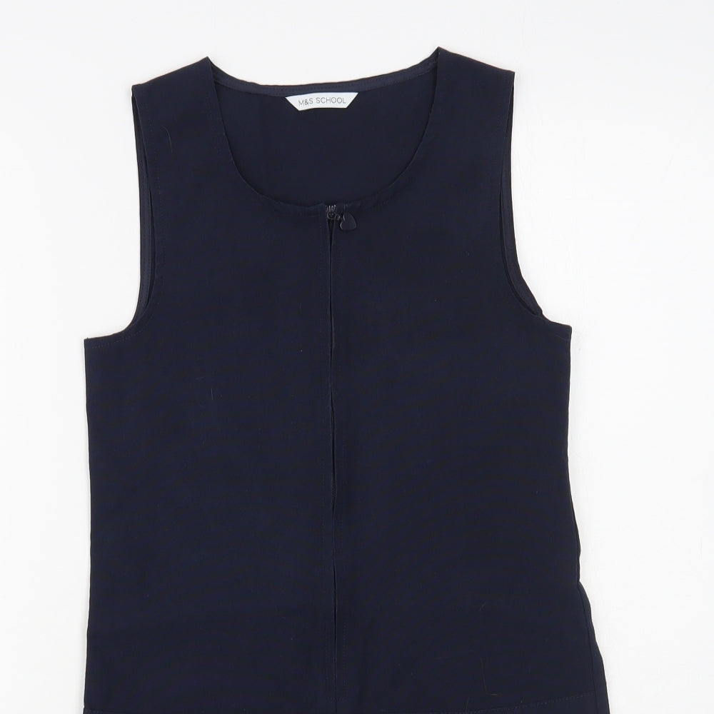 Marks and Spencer Girls Blue Polyester Pinafore/Dungaree Dress Size 9-10 Years Round Neck Zip - Schoolwear