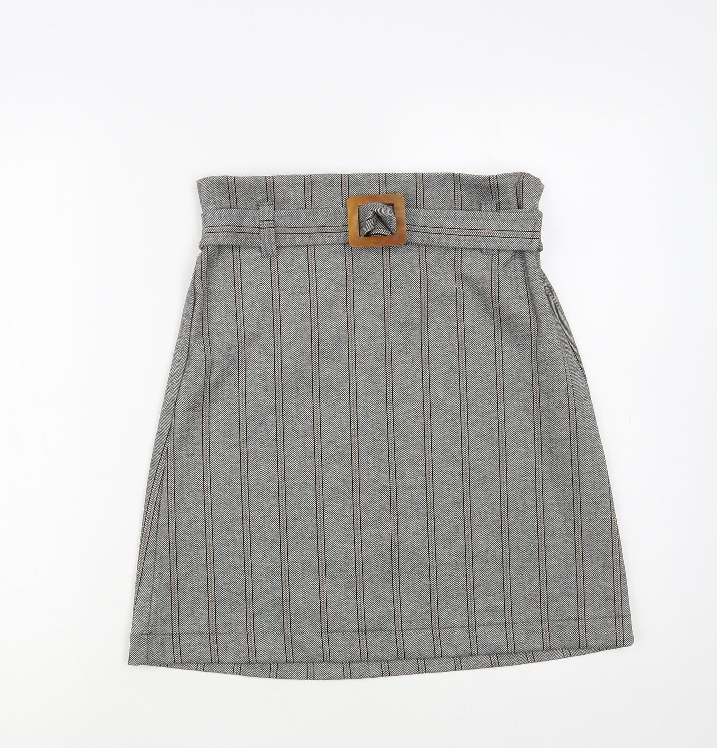 Mango Womens Grey Herringbone Polyester A-Line Skirt Size S Buckle