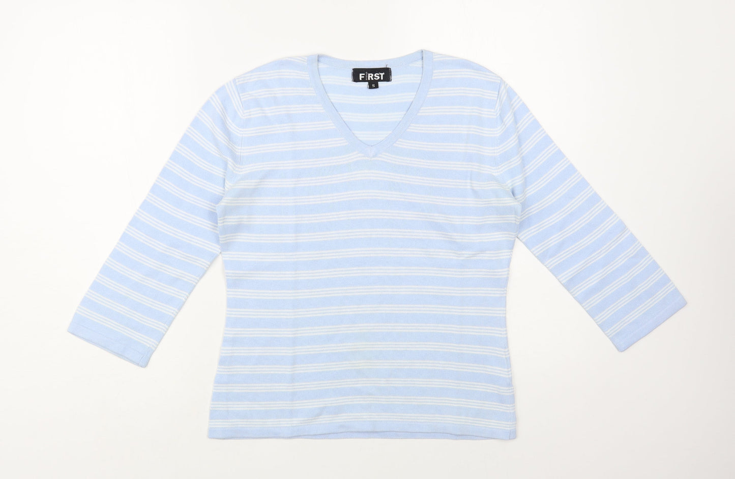 First Avenue Womens Blue V-Neck Striped Cotton Pullover Jumper Size S