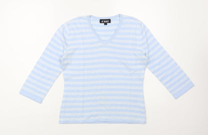 First Avenue Womens Blue V-Neck Striped Cotton Pullover Jumper Size S
