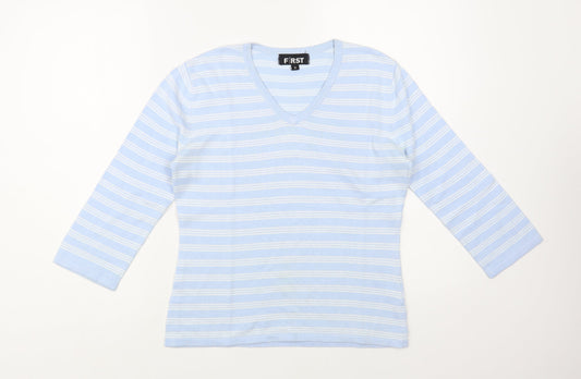 First Avenue Womens Blue V-Neck Striped Cotton Pullover Jumper Size S