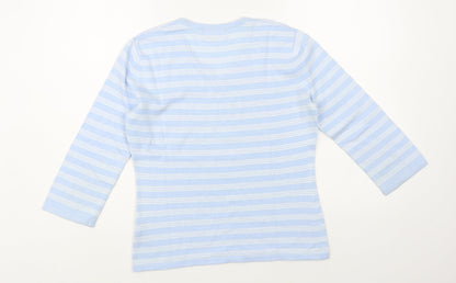 First Avenue Womens Blue V-Neck Striped Cotton Pullover Jumper Size S