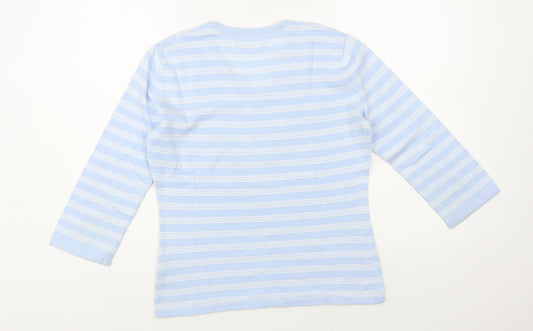 First Avenue Womens Blue V-Neck Striped Cotton Pullover Jumper Size S