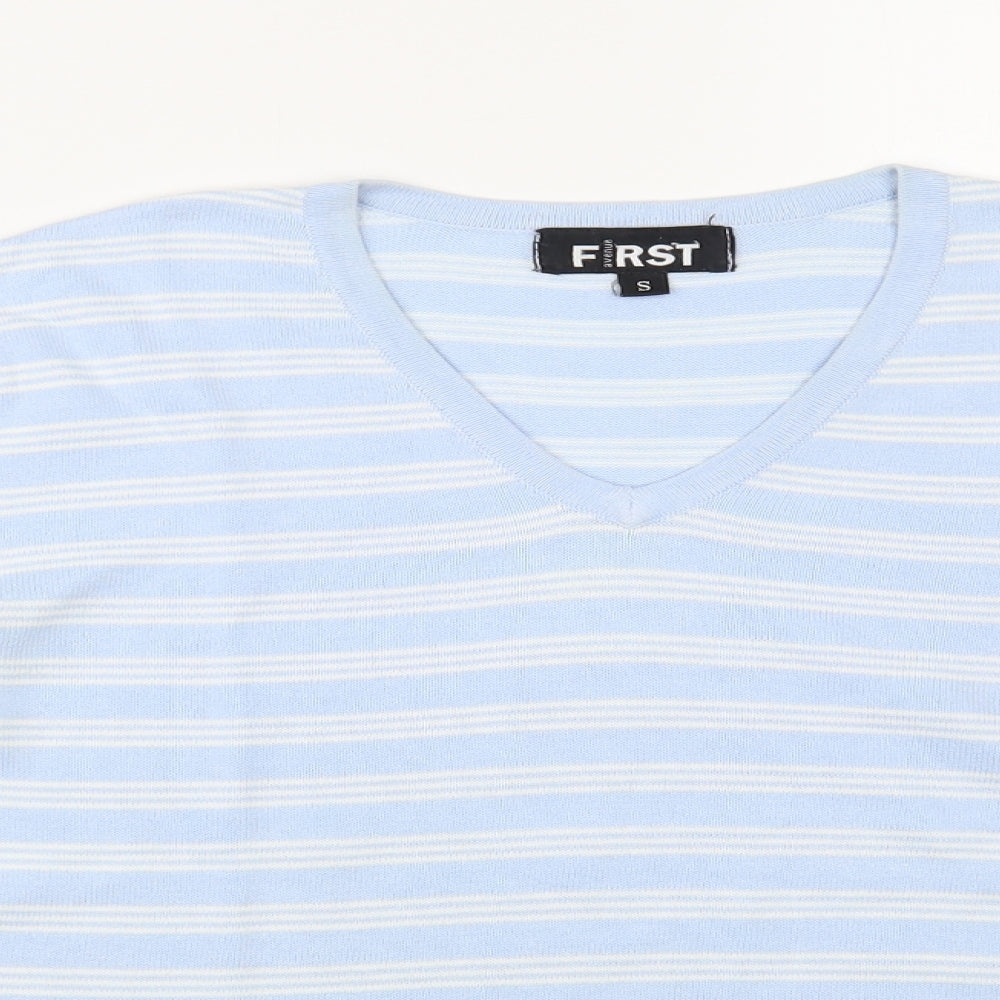 First Avenue Womens Blue V-Neck Striped Cotton Pullover Jumper Size S