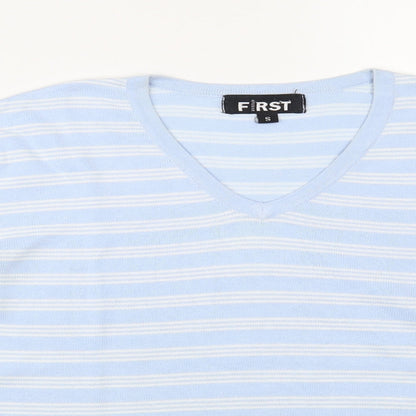 First Avenue Womens Blue V-Neck Striped Cotton Pullover Jumper Size S