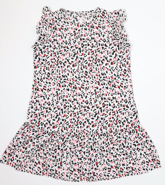 SheIn Womens White Geometric Polyester Skater Dress Size M Round Neck Button