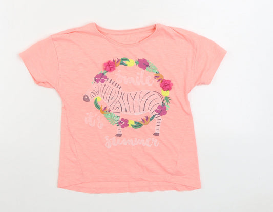 Dunnes Stores Girls Pink Polyester Basic T-Shirt Size 8 Years Round Neck Pullover - Zebra. Smile it's Summer