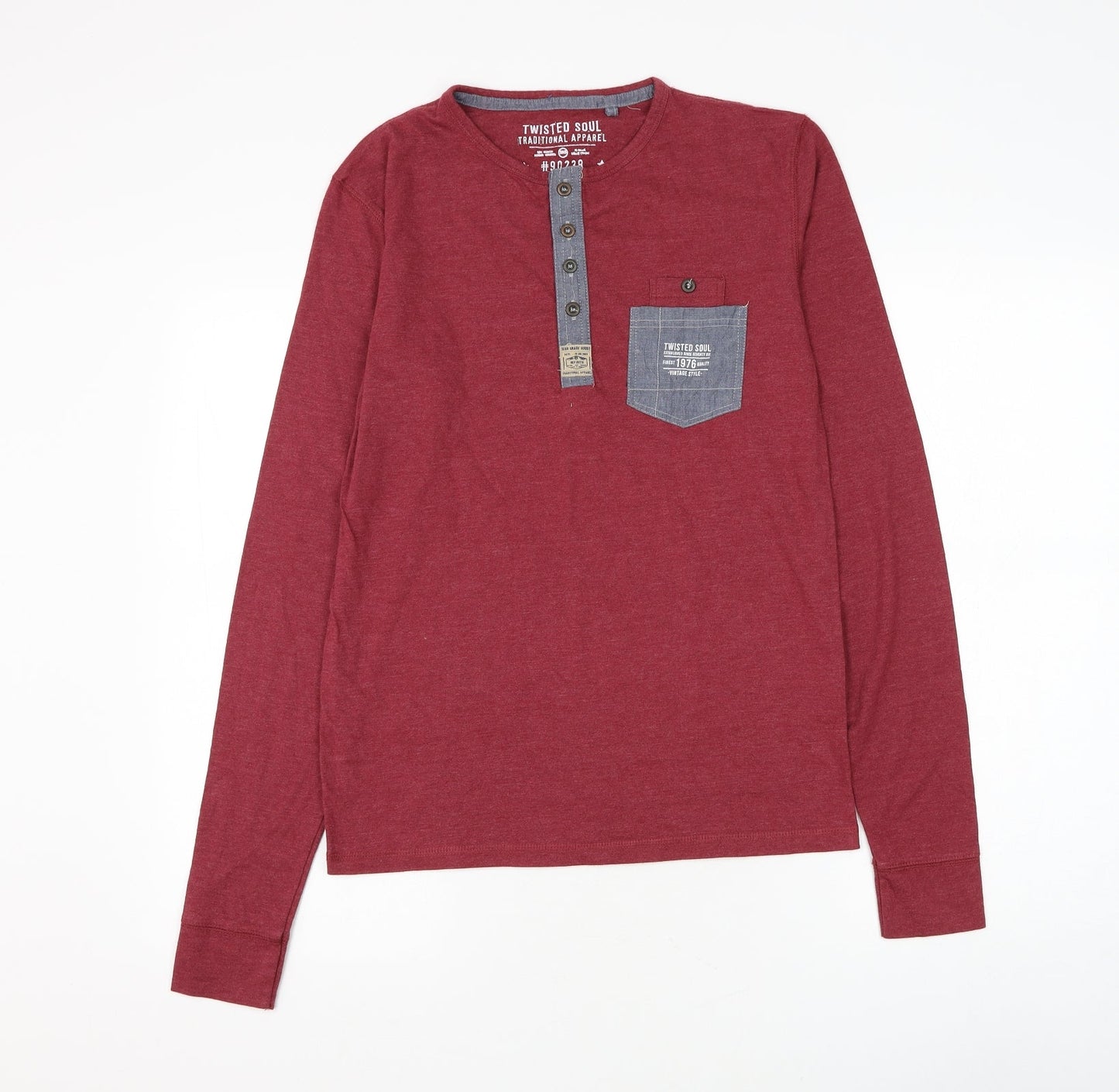 Twisted Soul Mens Red Cotton T-Shirt Size XS Henley