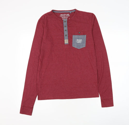 Twisted Soul Mens Red Cotton T-Shirt Size XS Henley
