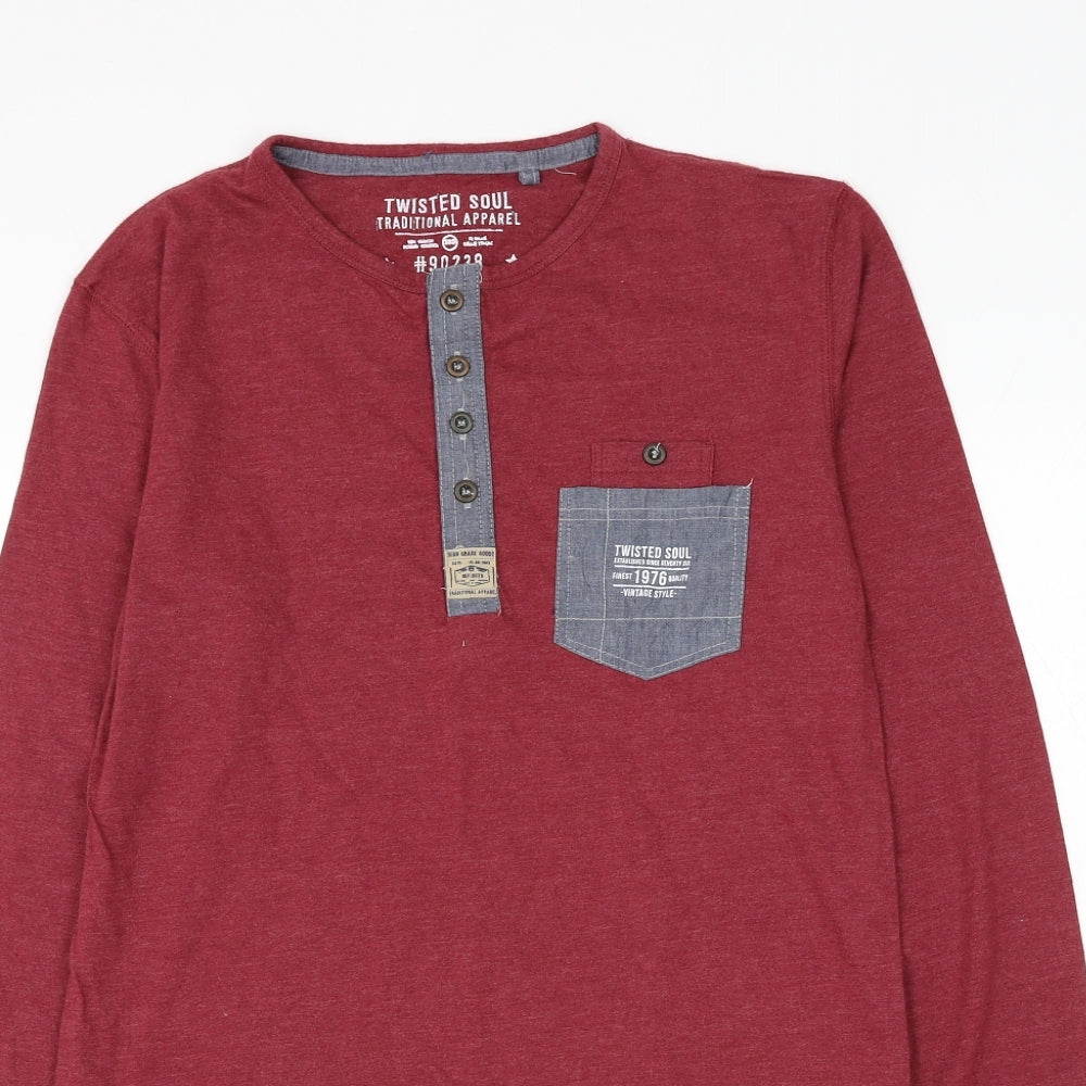 Twisted Soul Mens Red Cotton T-Shirt Size XS Henley