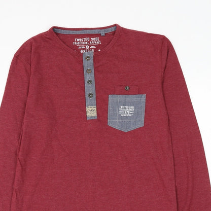 Twisted Soul Mens Red Cotton T-Shirt Size XS Henley