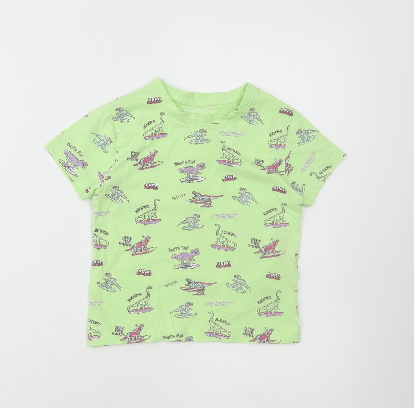 Primark Boys Green Cotton Basic T-Shirt Size 2-3 Years Round Neck Pullover - Dinosaur Print