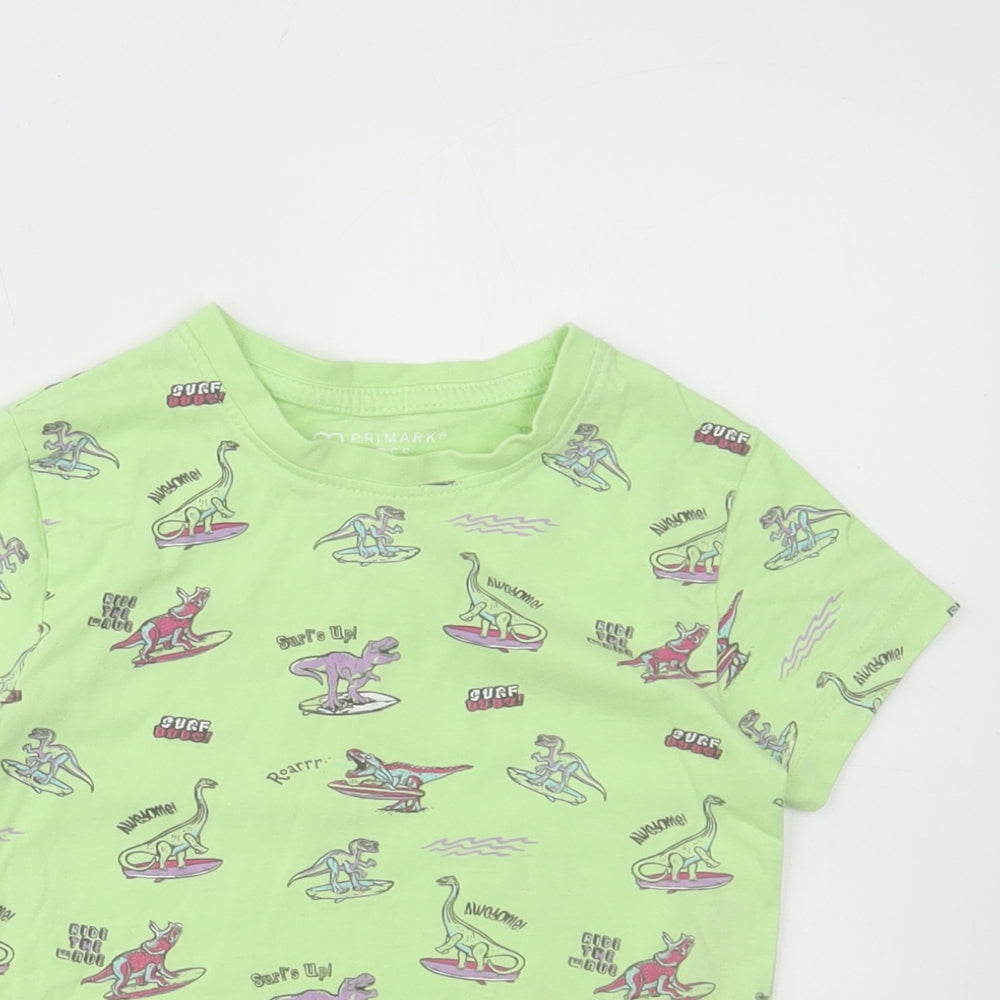 Primark Boys Green Cotton Basic T-Shirt Size 2-3 Years Round Neck Pullover - Dinosaur Print