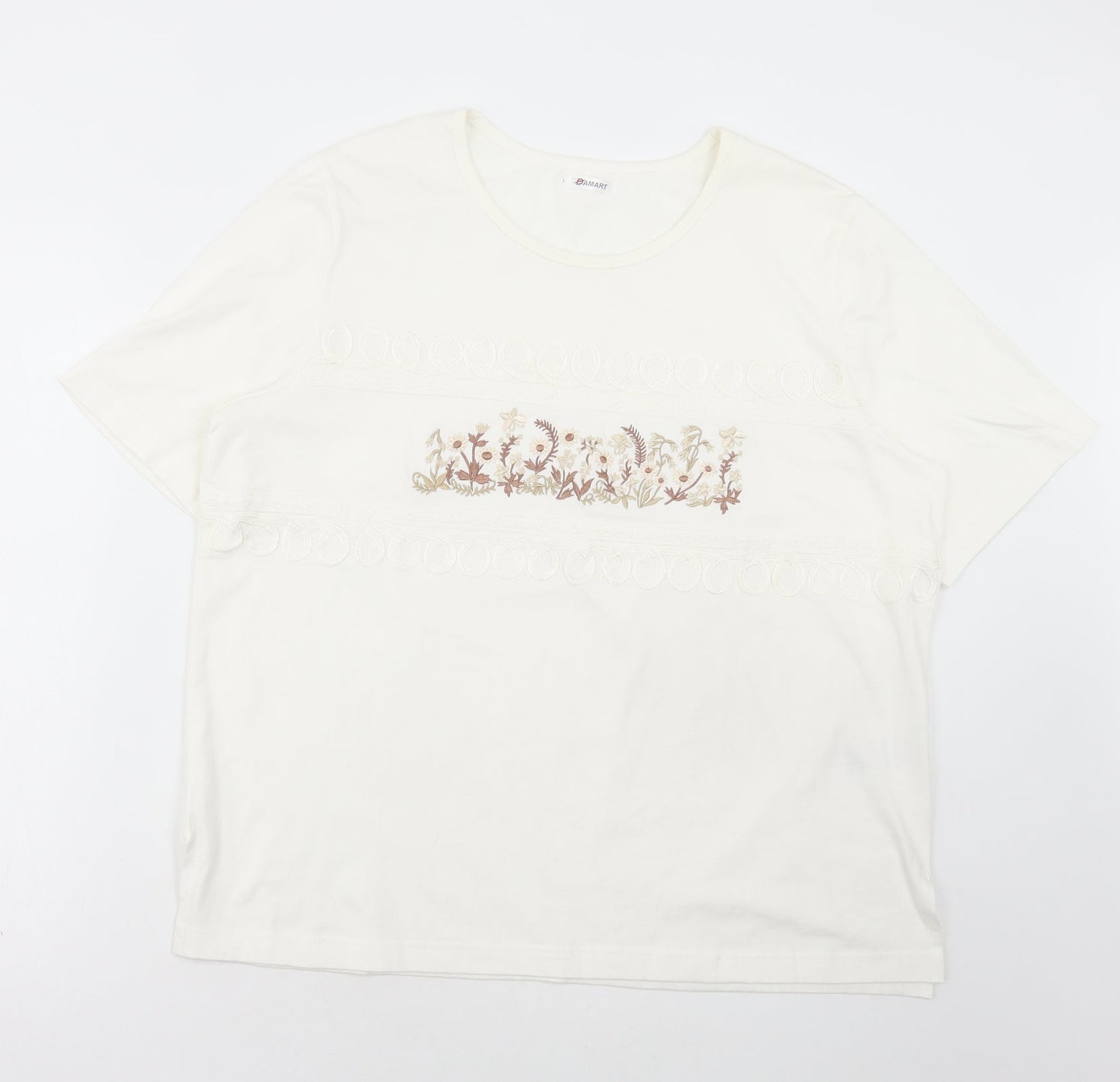 Damart Womens White Cotton Basic T-Shirt Size L Scoop Neck - Flowers