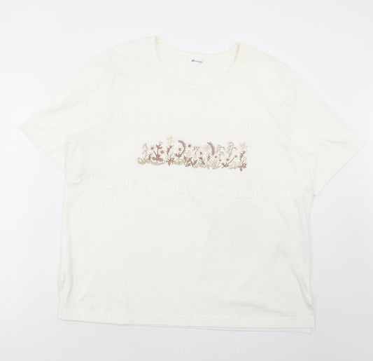 Damart Womens White Cotton Basic T-Shirt Size L Scoop Neck - Flowers